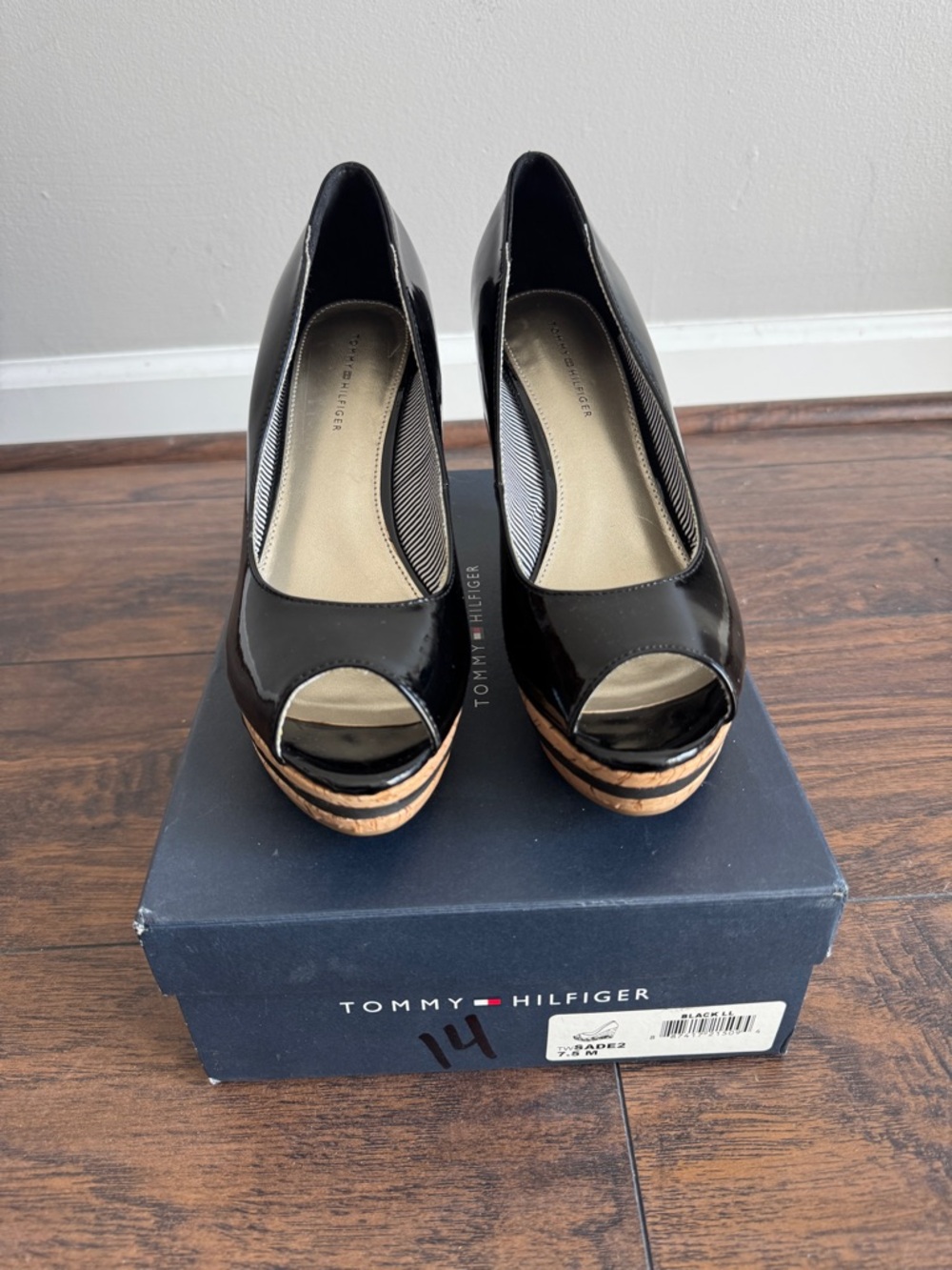 Tommy Hilfiger Black Patent Peep-Toe Platform Wedges